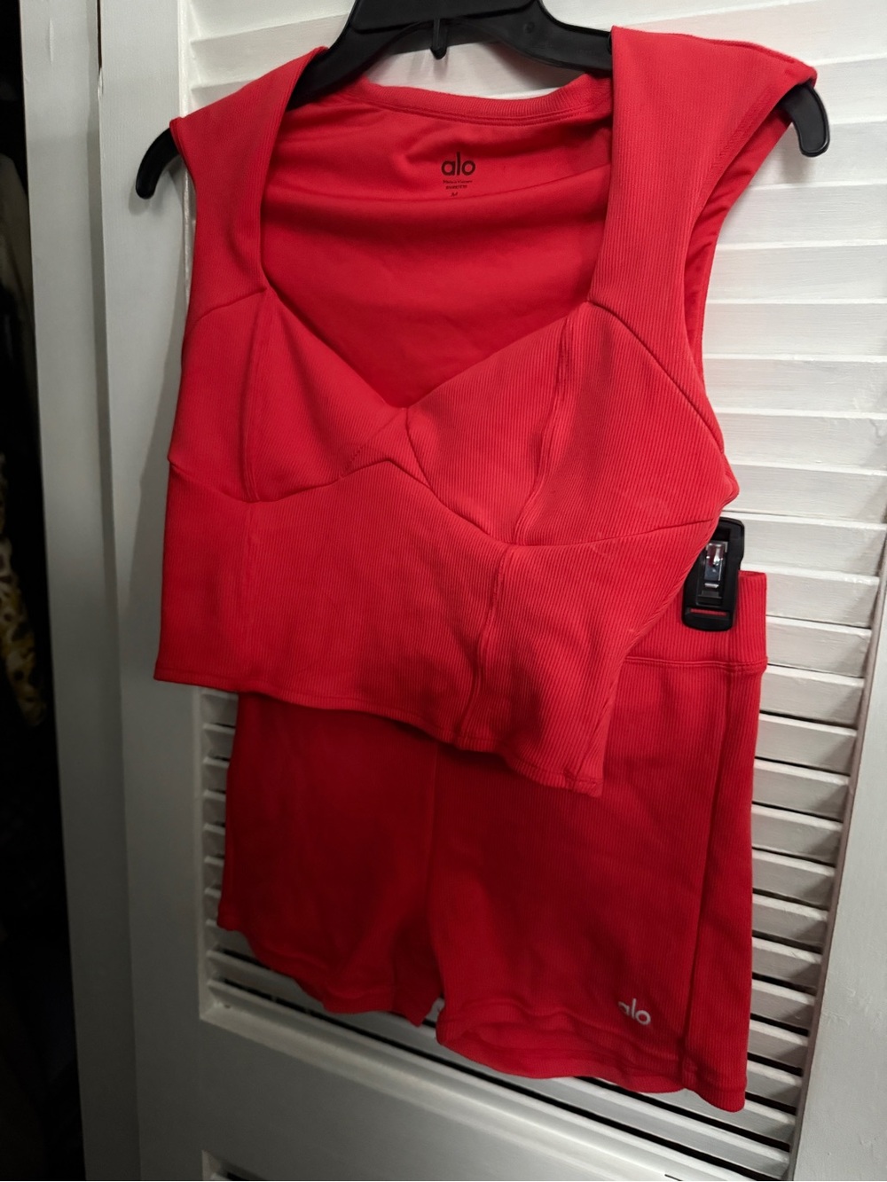 ALO Yoga Red Ribbed Crop Tank and Shorts Set